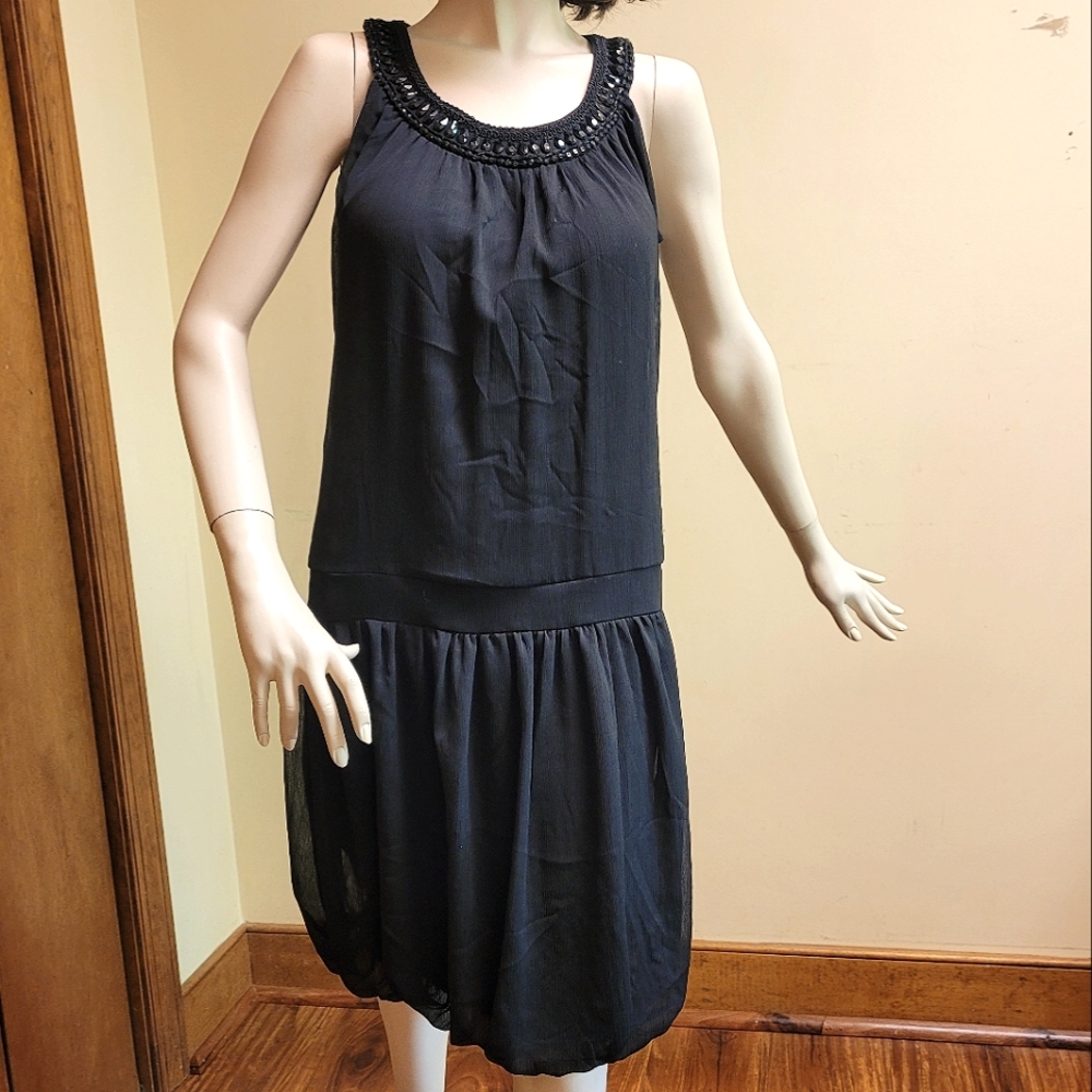 H&M Black Drop Waist Dress with Beaded Neckline, Size 4